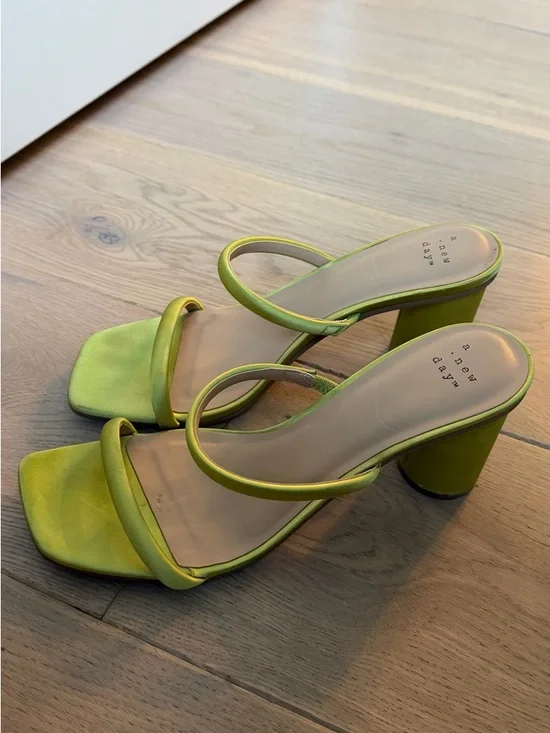 Neon Green Satin Double-Strap Block Heel Mules - Picture 2 of 3
